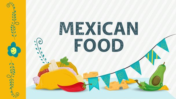 Mexicaanse voedsel illustratie voor platte stijl decoratie, bijschrift naam, taco tortilla ligt naast peper en vlaggen - Vector, afbeelding