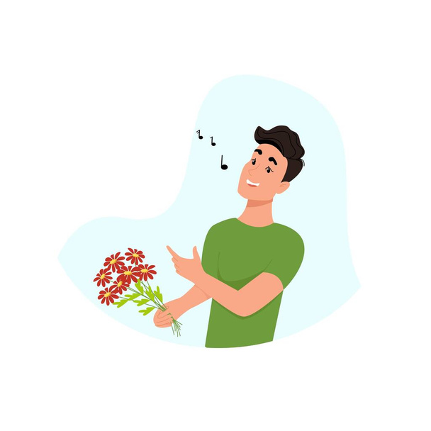 Junger Mann singt, Kerl mit Blumen in der Hand, glücklicher Mann. Vektor-Figur im flachen Stil, Zeichentrickfilm - Vektor, Bild