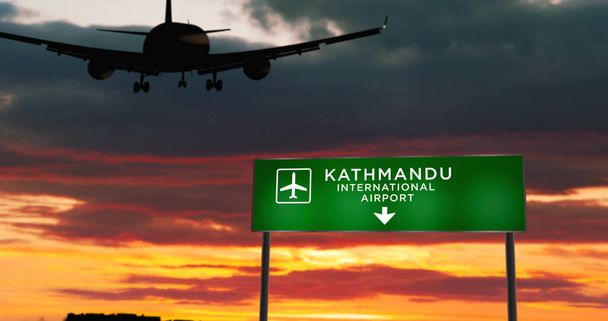 Sílhueta de avião aterrissando em Katmandu, Nepal. Chegada da cidade com placa de direção do aeroporto e pôr do sol em segundo plano. Trip e conceito de transporte ilustração 3d. - Foto, Imagem