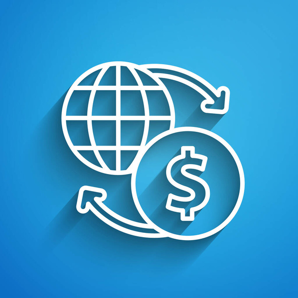 White line Money exchange icon isolated on blue background. Euro and Dollar cash transfer symbol. Banking currency sign. Long shadow. Vector - Vector, Image