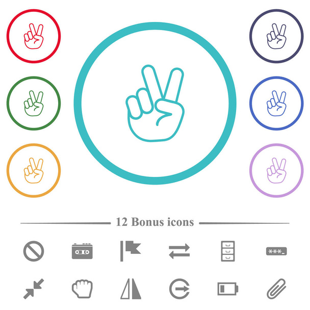 Segno di vittoria mano gesto icone a colori piatte a forma di cerchio contorni. 12 icone bonus incluse. - Vettoriali, immagini