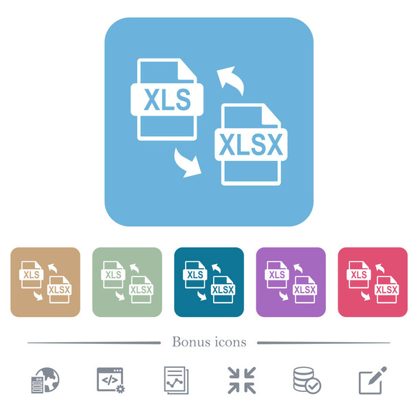 Conversión de archivos XLS XLSX iconos planos blancos sobre fondos cuadrados redondeados de color. 6 iconos de bonificación incluidos - Vector, imagen