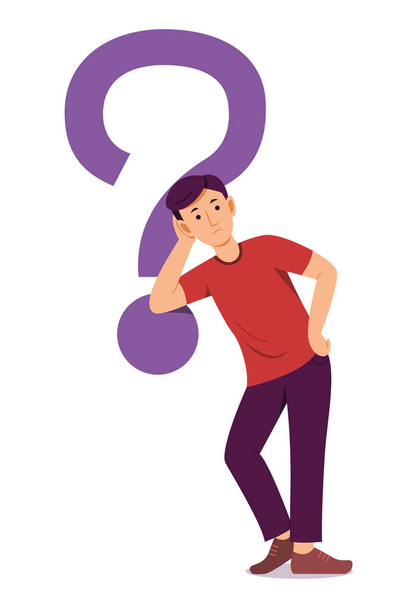 Man is Leaning Against a Big Question Mark Symbol While Think a Question. - Vector, Image
