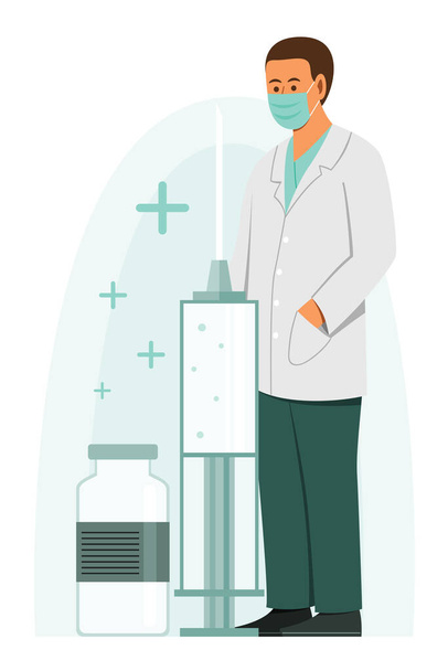 Mužský lékař nosit lékařskou masku a stojí v blízkosti velké injekční stříkačky vakcíny. - Vektor, obrázek