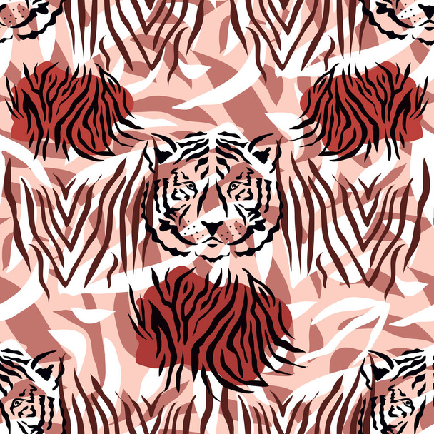 Tiger  beautiful  seamless pattern  in different colors in cartoon flat style. Modern fashion print  skin design for textile, fabric, wallpaper.  Safari style. Vector illustration - Vector, Imagen