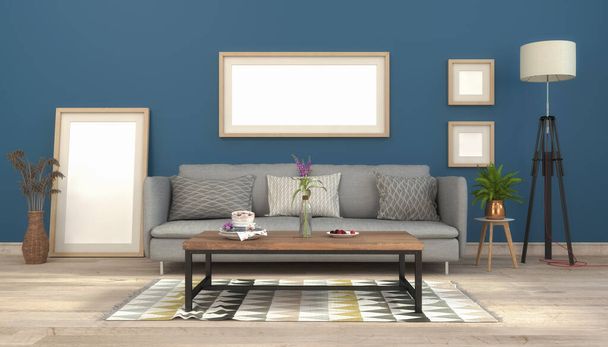 3d rendering di un soggiorno scandinavo con divano, tavolo e decorazione marittima - stile scandinavo  - Foto, immagini
