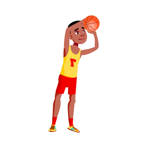 Αφρικανός παίκτης μπάσκετ αγόρι ρίχνουν μπάλα στο καλάθι κινουμένων σχεδίων διάνυσμα - Διάνυσμα, εικόνα