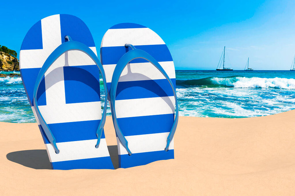 Flip flops with Greek flag on the beach. Greece resorts, vacation, tours, travel packages concept. 3D rendering - Φωτογραφία, εικόνα