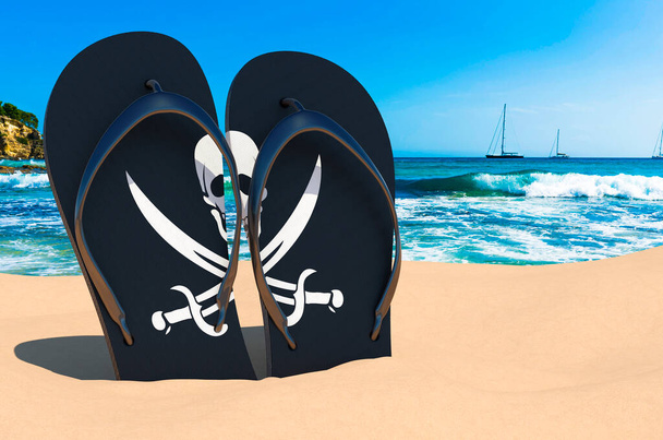 Slippers met piraterij vlag op het strand. 3D-weergave - Foto, afbeelding