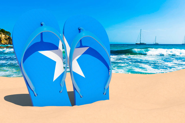 Flip Flops mit somalischer Flagge am Strand. Somalia Resorts, Urlaub, Touren, Reisepakete Konzept. 3D-Rendering - Foto, Bild