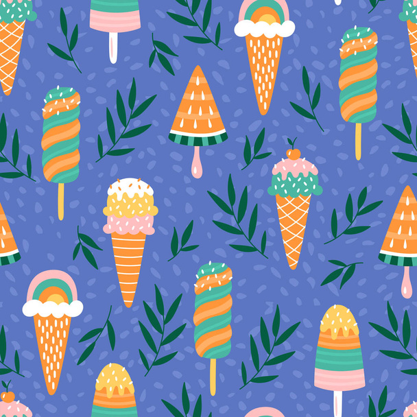 Seamless pattern for summer with ice cream. Childish background for fabric, wrapping paper, textile, wallpaper and apparel.  - Vektör, Görsel