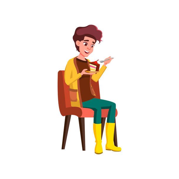 feliz joven mujer comiendo pastel con cereza en la cafetería vector de dibujos animados - Vector, imagen