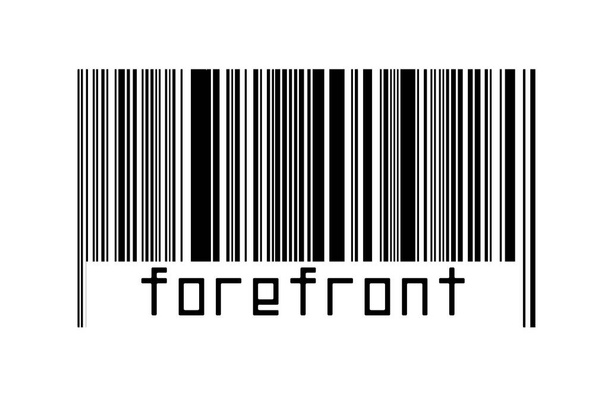 Barcode auf weißem Hintergrund mit Beschriftung vorne unten. Konzept des Handels und der Globalisierung - Foto, Bild