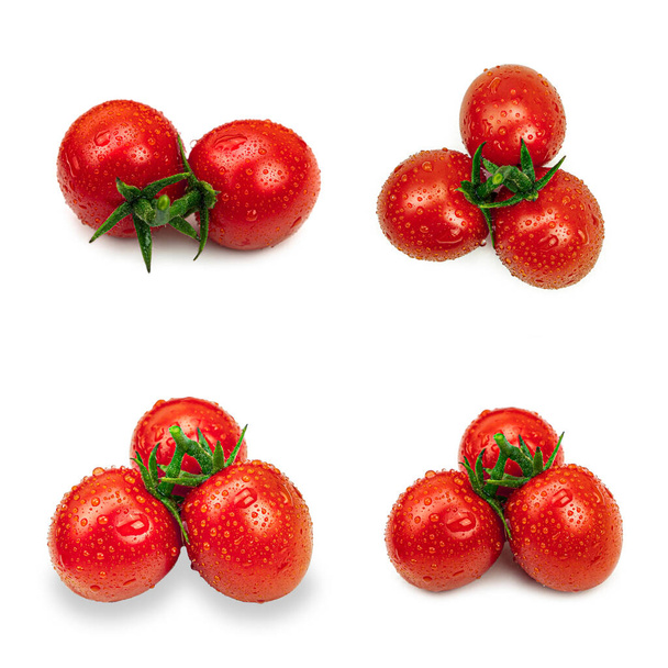 Tomates cerises fraîches avec gouttes d'eau sur fond blanc. - Photo, image