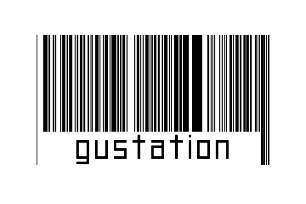 Código de barras sobre fondo blanco con la inscripción gustation a continuación. Concepto de comercio y globalización - Foto, imagen