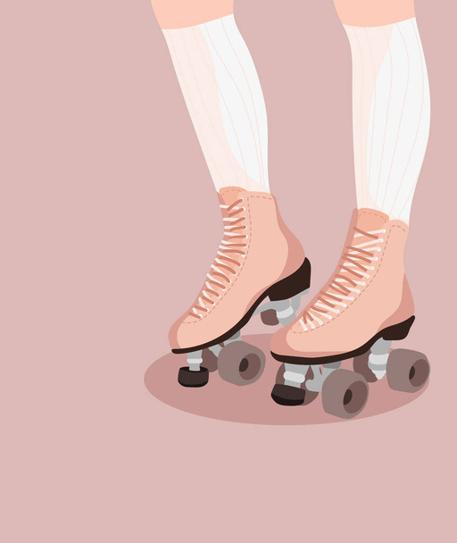 Roller Skates in pastel colors Vector. Retro quad roller skates neon, modern trend design. Sport background. Vector illustration. Girl in rollers and socks. Template for card, poster, banner, label, print for t-shirt. - Vector, Image