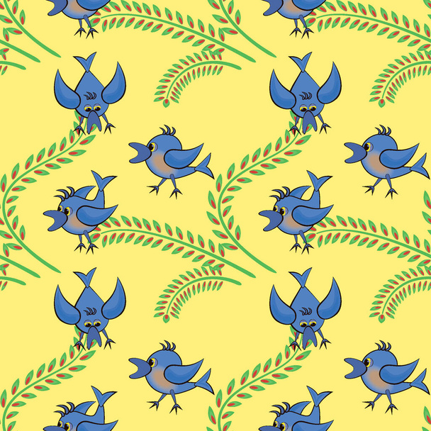 Seamless pattern, pattern, childrens illustration - birds and spikes. Drawing for textiles, wallpaper, packaging, background for the site or blog, screensaver on the phone. - Вектор,изображение