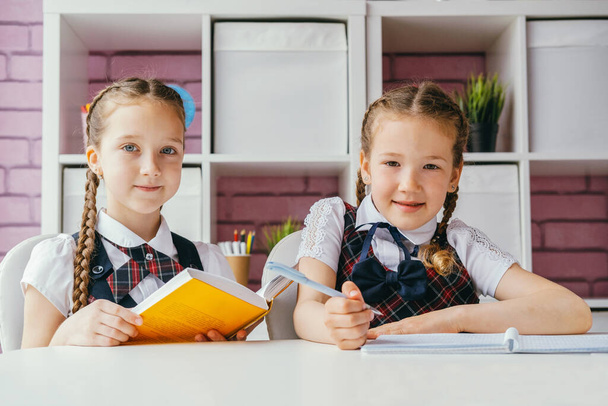 Classmates girls do homework together. A girl reads a book, another girl writes an exercise. - Φωτογραφία, εικόνα