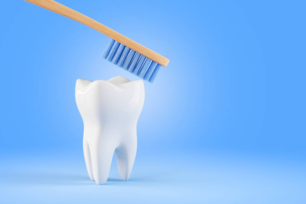 Tahta diş fırçalı diş. 3d illüstrasyon oluştur - Fotoğraf, Görsel