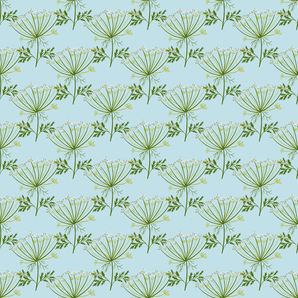 Herbal seamless pattern with botanic dill umbrella silhouettes. Blue background. Green ornament. Graphic design for wrapping paper and fabric textures. Vector Illustration. - Wektor, obraz