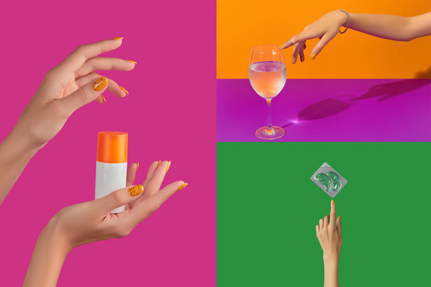 Vrouwen hand met behandeling cosmetica op kleurrijke achtergrond - Foto, afbeelding