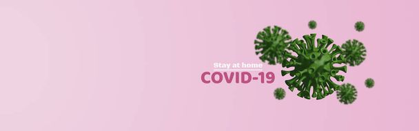 Blijf thuis en quarantaine concept, coronavirus covid-19 virus op pastel geïsoleerde roze achtergrond, beschermen uitbraken pandemie nieuwe virussoorten, 3D render illustratie, web banner header panoramisch ontwerp - Foto, afbeelding