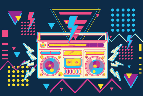 funky colorful music design with 80s disco music boombox  - Vector, afbeelding