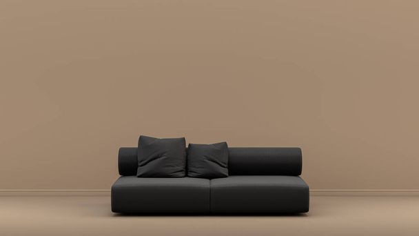 Assento único com tecido macio escuro e aveludado no quarto interior monocromático marrom claro, mobília de cor única, renderização 3d, sala vazia - Foto, Imagem