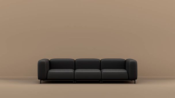 Camera interna con divano monocromatico in pelle nera e lucida singolo in tan, camera color marrone Siena, mobili monocromatici, 3d Rendering, sfondo poster - Foto, immagini
