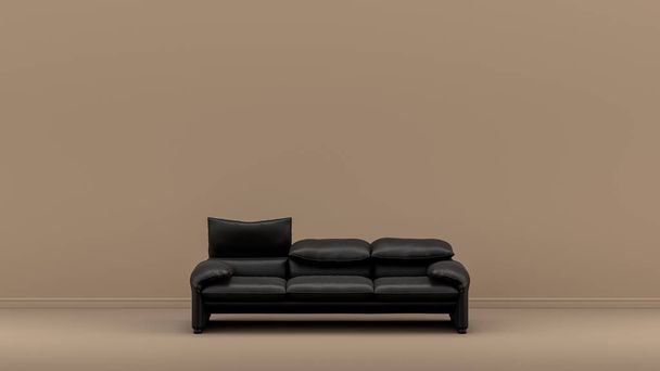 Habitación interior con sofá de cuero monocromo negro y brillante solo en bronceado, sala de color marrón siena, muebles de un solo color, 3d Rendering, fondo del cartel - Foto, Imagen