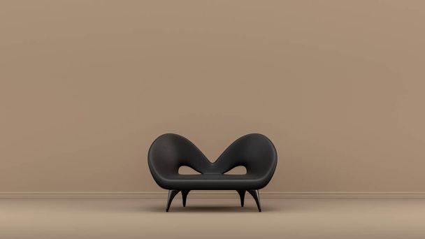 Habitación interior con sofá de cuero monocromo negro y brillante solo en bronceado, sala de color marrón siena, muebles de un solo color, 3d Rendering, fondo del cartel - Foto, imagen