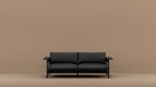 Intérieur avec canapé simple monochrome noir et cuir brillant en bronzage, chambre de couleur marron sienne, mobilier monochrome, rendu 3d, fond d'affiche - Photo, image