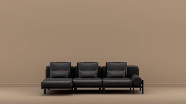 Innenraum mit monochromen schwarzen und glänzenden Leder Einzelcouch in braun, siena braun Farbzimmer, einfarbige Möbel, 3D-Rendering, Posterhintergrund - Foto, Bild