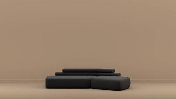 Pojedyncze siedzenie z ciemnym i aksamitnym miękkim materiałem w jasnobrązowym monochromatycznym pomieszczeniu wewnętrznym, meble jednokolorowe, Rendering 3d, pusty pokój - Zdjęcie, obraz