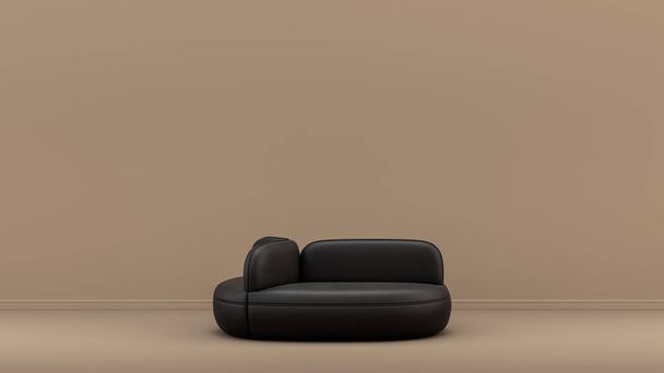 Внутренняя комната с монохромной черно-глянцевой кожаный диван в загаре, сиенна коричневого цвета комната, одноцветная мебель, 3D рендеринг, плакат фон - Фото, изображение