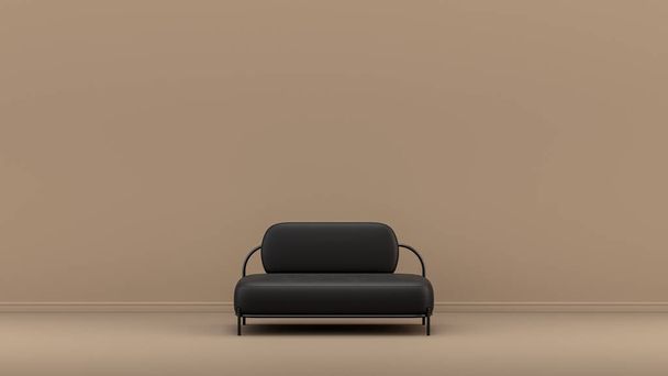 Habitación interior con negro monocromo y cuero brillante sofá individual en bronceado, sala de color marrón siena, muebles de un solo color, 3d Rendering, fondo del cartel - Foto, imagen