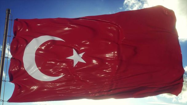 Törökország nemzeti zászlaja lobogott a szélben, kék égbolt háttér. 3D-s renderelés. - Fotó, kép