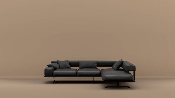 Habitación interior con negro monocromo y cuero brillante sofá individual en bronceado, sala de color marrón siena, muebles de un solo color, 3d Rendering, fondo del cartel - Foto, Imagen