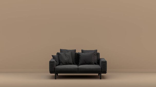 Einzelsitz mit dunklem und samtig weichem Stoff in hellbraunem, monochromen Innenraum, einfarbige Möbel, 3D-Rendering, leerer Raum - Foto, Bild