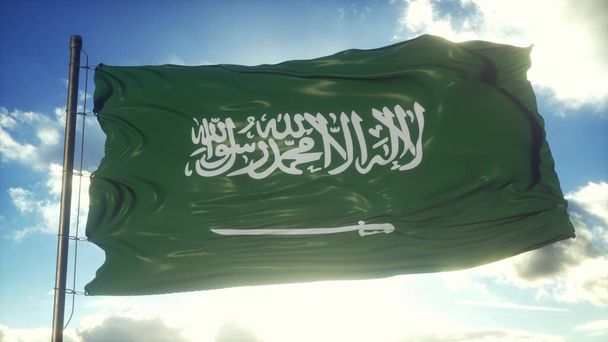 Zeichen Saudi-Arabiens, das vor blauem Himmel winkt. 3D-Darstellung. - Foto, Bild
