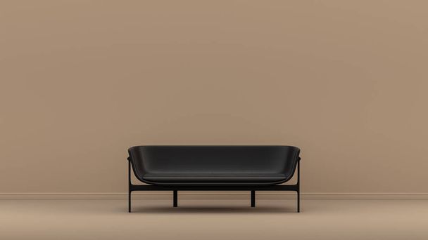 Habitación interior con negro monocromo y cuero brillante sofá individual en bronceado, sala de color marrón siena, muebles de un solo color, 3d Rendering, fondo del cartel - Foto, imagen