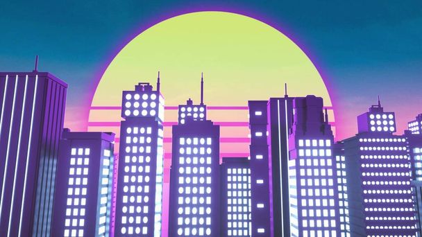 Retrowave styl pozadí neon města. 3D vykreslování. - Fotografie, Obrázek