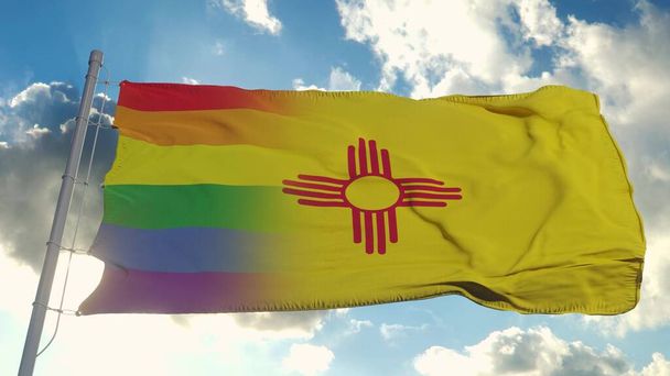 Bandera de Nuevo México y LGBT. Nuevo México y la bandera mixta LGBT ondeando en el viento. renderizado 3d. - Foto, Imagen