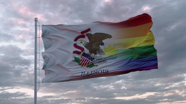 Κυματιστή σημαία της πολιτείας του Ιλινόις και φόντο σημαίας ουράνιου τόξου ΛΟΑΤ. 3d απόδοση. - Φωτογραφία, εικόνα