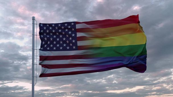 Zwaaiende vlag van de VS staat en LGBT regenboog vlag achtergrond. 3d destructie. - Foto, afbeelding