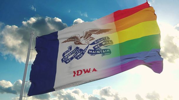 Флаг Айовы и ЛГБТ. Айова и ЛГБТ смешанные флаги машут ветром. 3d-рендеринг. - Фото, изображение