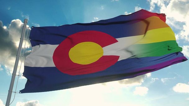 Flagge von Colorado und LGBT. Colorado und LGBT Mixed Flag wehen im Wind. 3D-Darstellung. - Foto, Bild