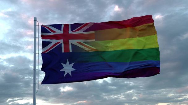 Zwaaiende nationale vlag van Australië en LGBT regenboog vlag achtergrond. 3d destructie. - Foto, afbeelding