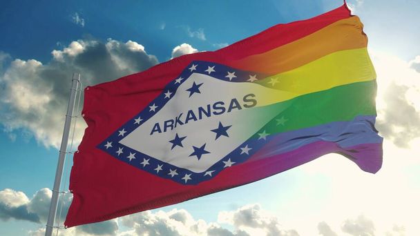 Bandiera dell'Arkansas e LGBT. Arkansas e bandiera mista LGBT sventolano nel vento. rendering 3d. - Foto, immagini