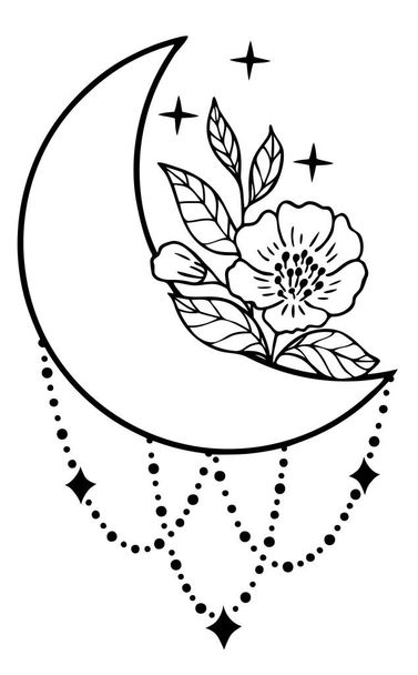 Magic moon with stars, chains and flowers on white background. - Διάνυσμα, εικόνα